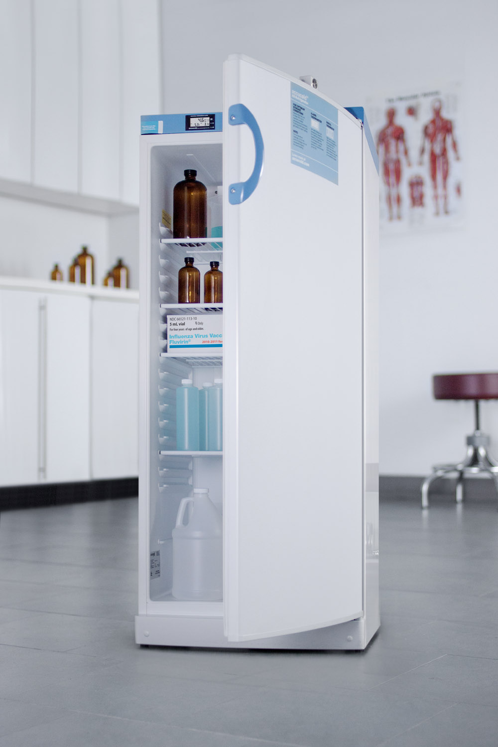 10.1 cu.ft. upright auto defrost medical/scientific all-refrigerator with digital thermostat and NIST calibrated thermometer/alarm; includes front lock, hospital grade cord, and internal fan